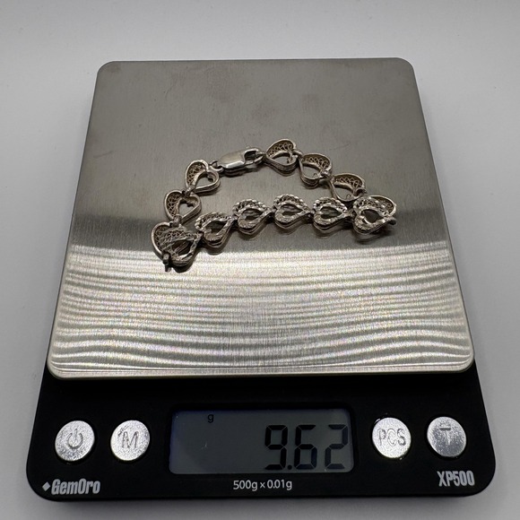 Sterling Silver Textured Openwork Heart Link Bracelet Lobster Clasp 9.62g - Picture 5 of 6